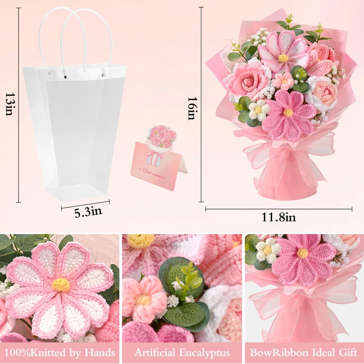 Waipfaru Pink Crochet Flower Bouquet, Handmade Knitted Fake Flowers with Card, Crochet Tulips Roses Flower for Valentines Day Anniversary Birthday Mother’s Day Women Mom Wife Friend
