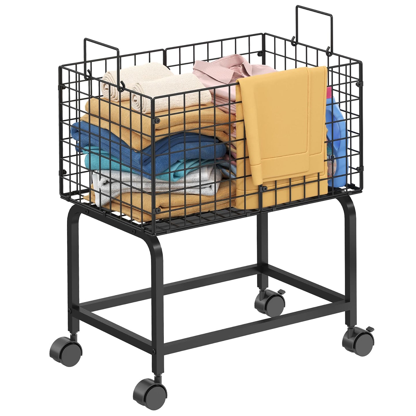 Wire Laundry Hamper Cart,Rolling Laundry Carts with Pull Handle,Black Tall Laundry Basket,Commercial Wire Laundry Hamper Cart-23.6 * 15.75 * 28 inches