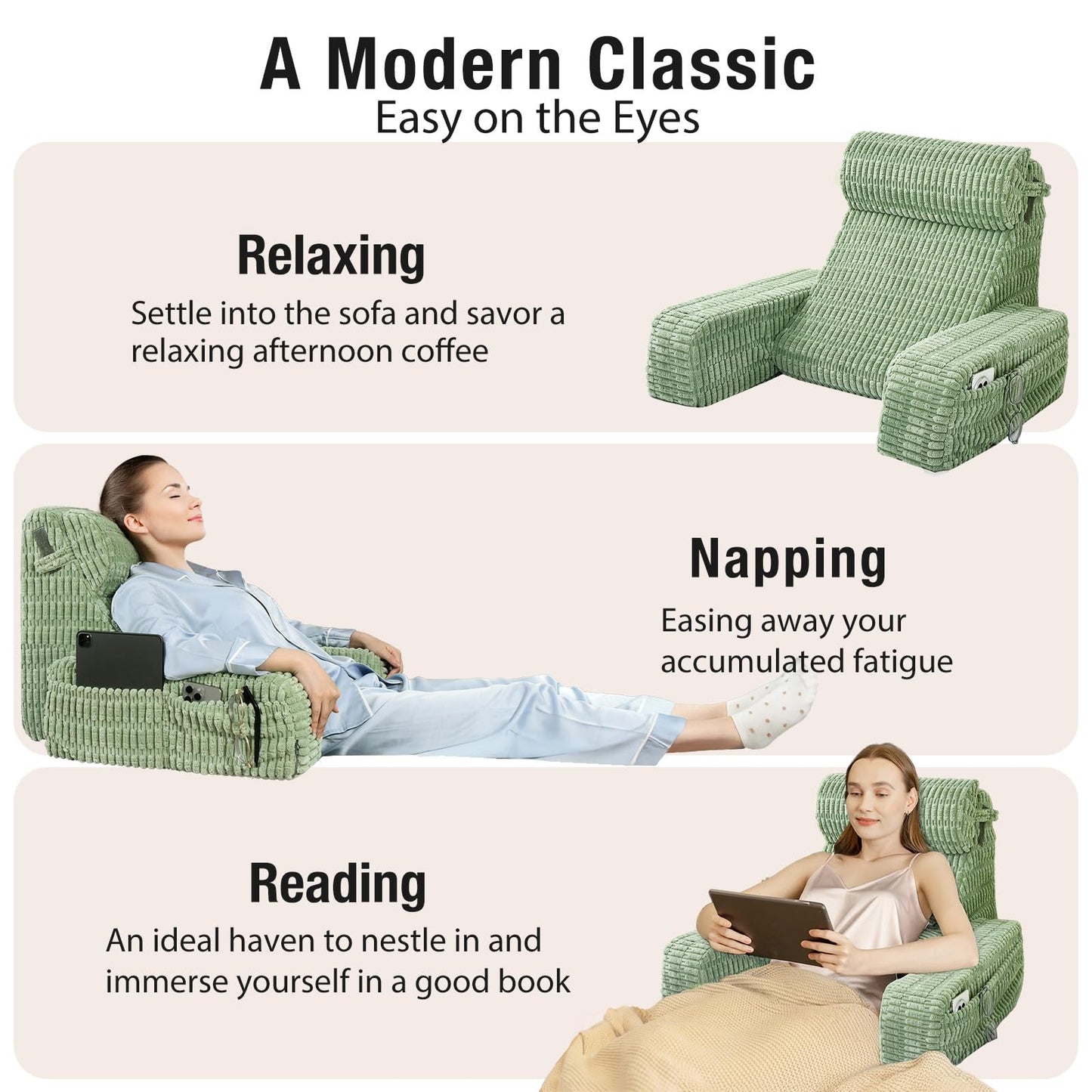 Selectico 19" Reading Pillow for Bed with Built-in Arms & Large Pockets, Supportive Backrest Cushion for Reading, Resting, or Reclining, Washable Cover – Sage Green