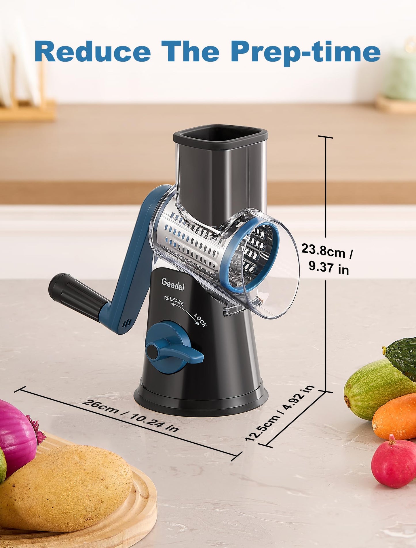 Geedel Rotary Cheese Grater Cheese Shredder - Upgraded 5-in-1 Cheese Grater with Handle and Strong Suction Base, Multi-purpose Vegetable Slicer Ice Shaver Nuts Grinder for Cheese, Vegetables, Ice