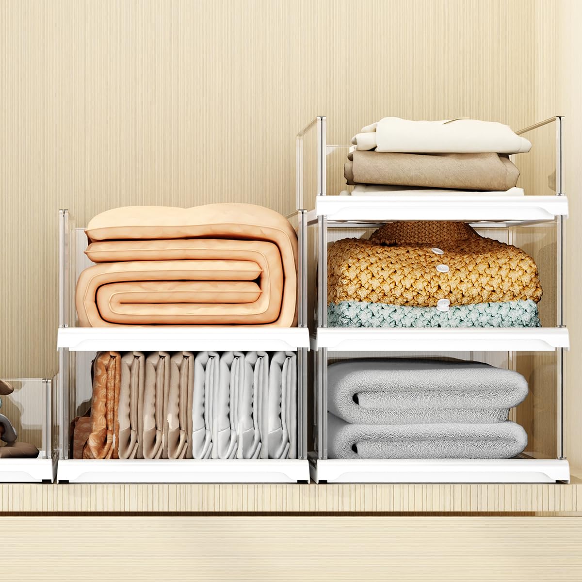 Vaela 4 Pack Stackable Closet Organizers and Storage Shelves,Transparent Multifunctional &Foldable Sweater Storage for Closet, Bathroom, Kitchen, Cupboard, Laundry Room, and Office