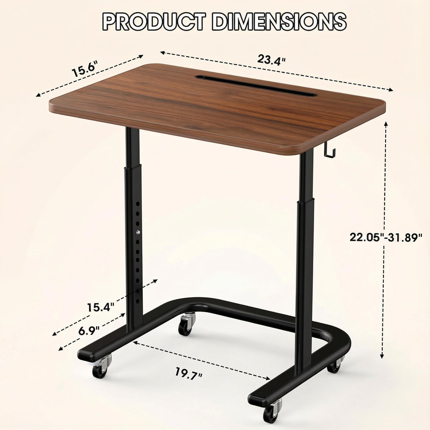 BUYIFY Height Adjustable TV Tray Table on Wheels - Rolling Laptop Desk for Bed & Sofa - C Shaped Side Table for Recliner, Small Spaces & Walking Pad-Dark Walnut- FRD1