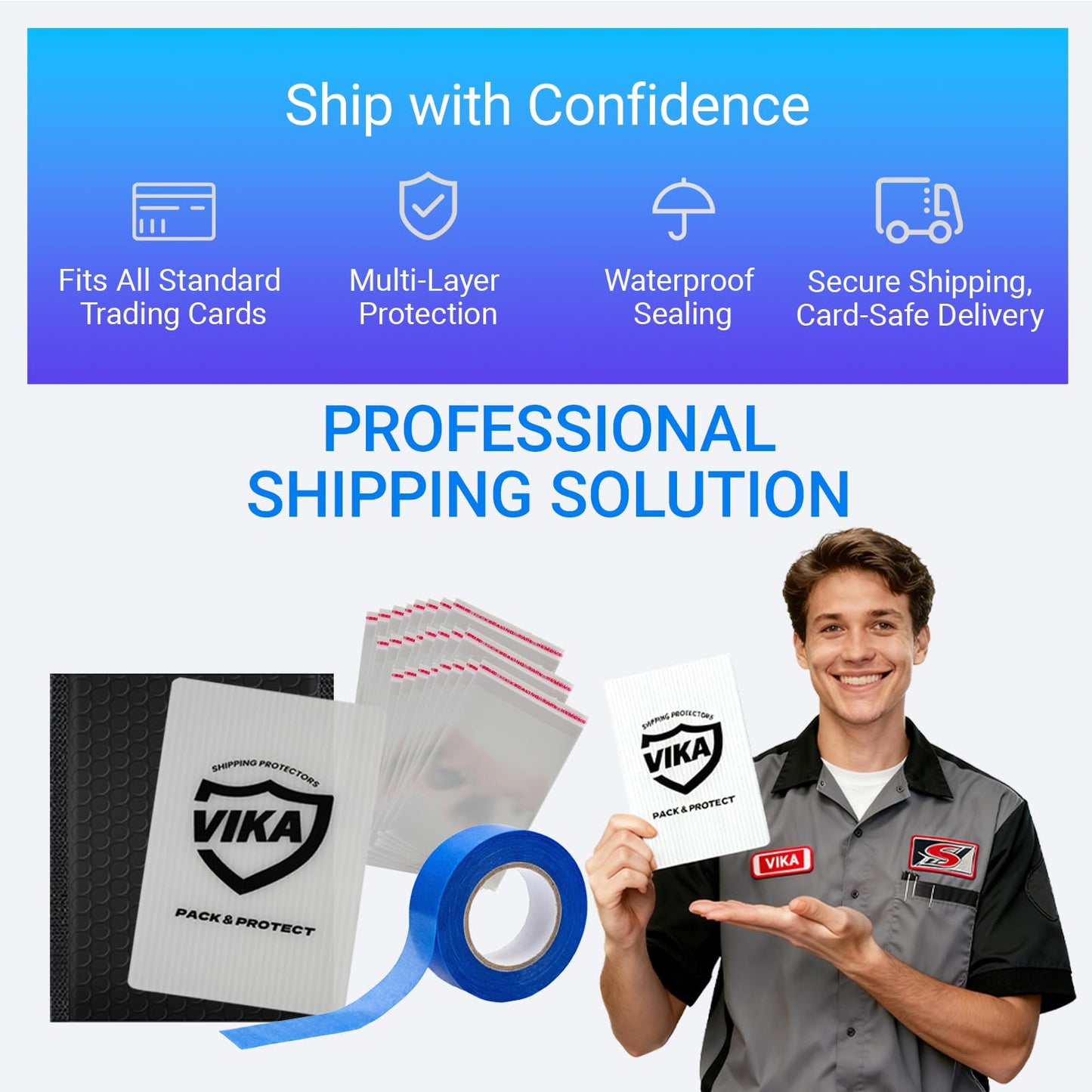 Trading Card Shipping Kit - 100 Pcs 4''x6'' Trading Card Shipping Protectors, 50 Pcs 6''x8.7'' Envelope Bubble Mailers, 20M Painter’s Tape, 50 Cellophane Bags, Fits PSA/BGS/CGC Slabs, Raw Cards