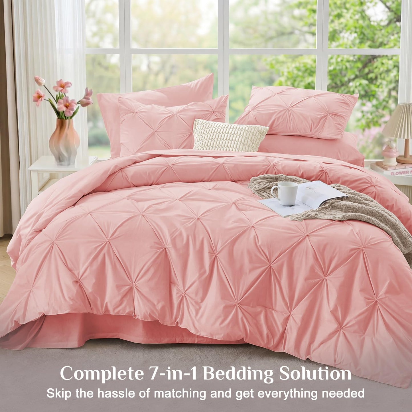 JOLLYVOGUE King Size Comforter Set 7 Pieces - Bed in a Bag King for All Season, Pintuck Bedding Comforter Sets with Comforter, Flat Sheet, Fitted Sheet and Pillowcases & Shams, Pink