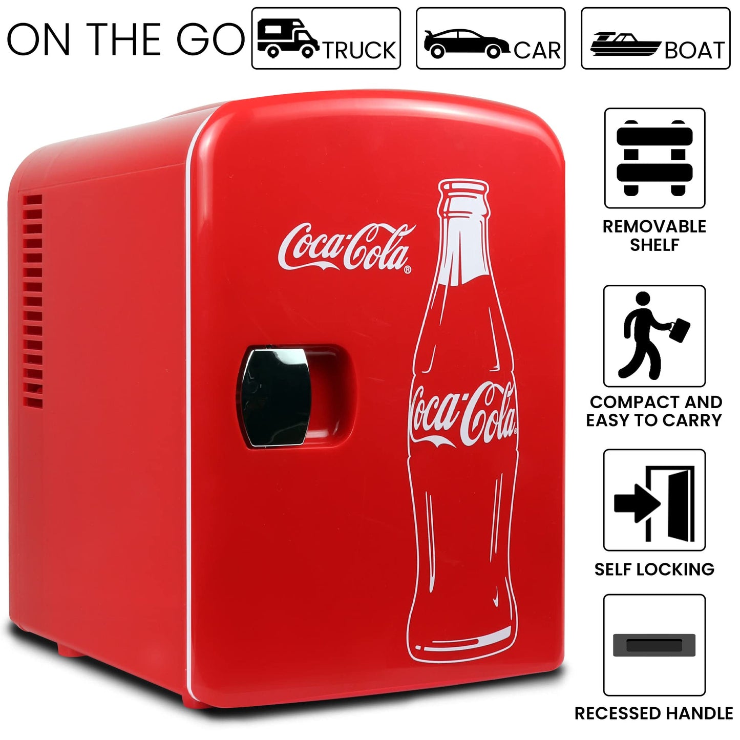 Coca Cola Mini Fridge for Bedroom Cosmatic Office 4L Small Refrigerator 6 Can Mini Dorm Fridge Portable Cooler 12V DC 110V AC Personal Travel Snacks Drinks Red