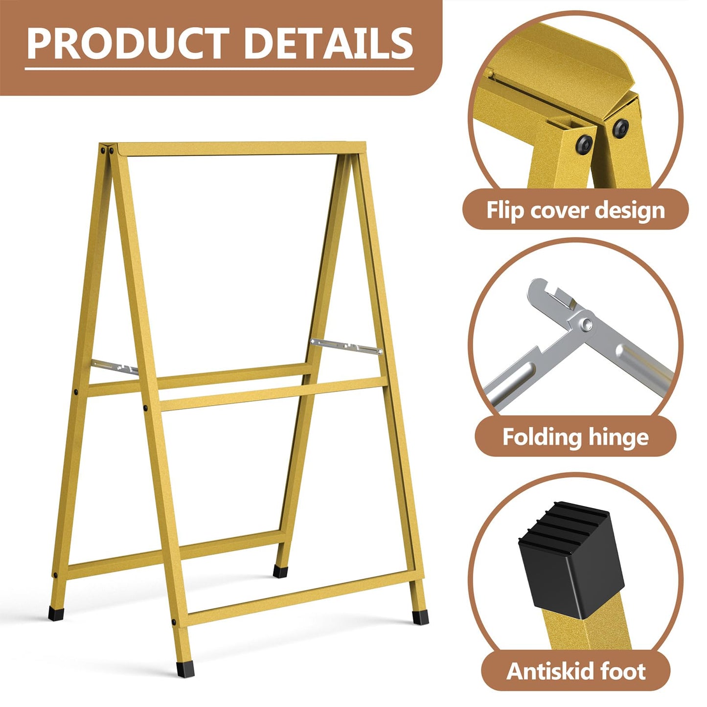 Golden A Frame Sign, Heavy Duty Slide-in A Frame Sign Holder, Double-Side 24x 36 Inch Sandwich Board for Office, Wedding, Business, Party Poster, Frame only