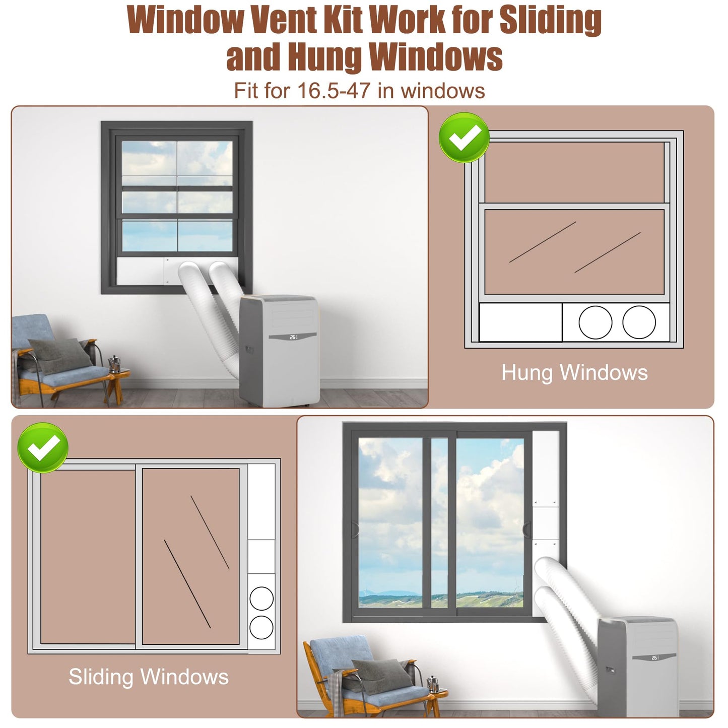 BJADE'S Dual Hose Portable Air Conditioner Window Seal Kit for 5in Portable AC Exhaust Hose with Insulating Sealing Tape,Adjustable Portable AC Window Vent Kit Length from 17" to 47"