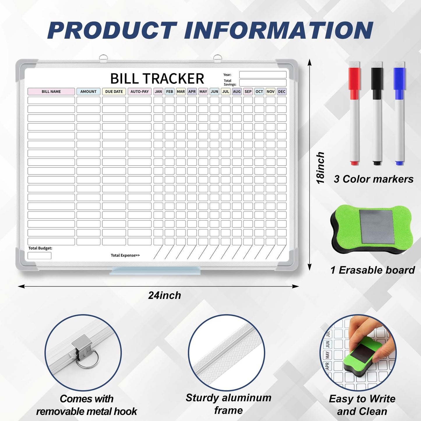 Feifeiya 24 x 18 Inch Monthly Bill Payment Tracker Organizer Whiteboard Aluminum Frame Wall Monthly Bill Payment Checklist Magnetic Dry Erase Board Planner for Personal Budgeting Financial(Classic)
