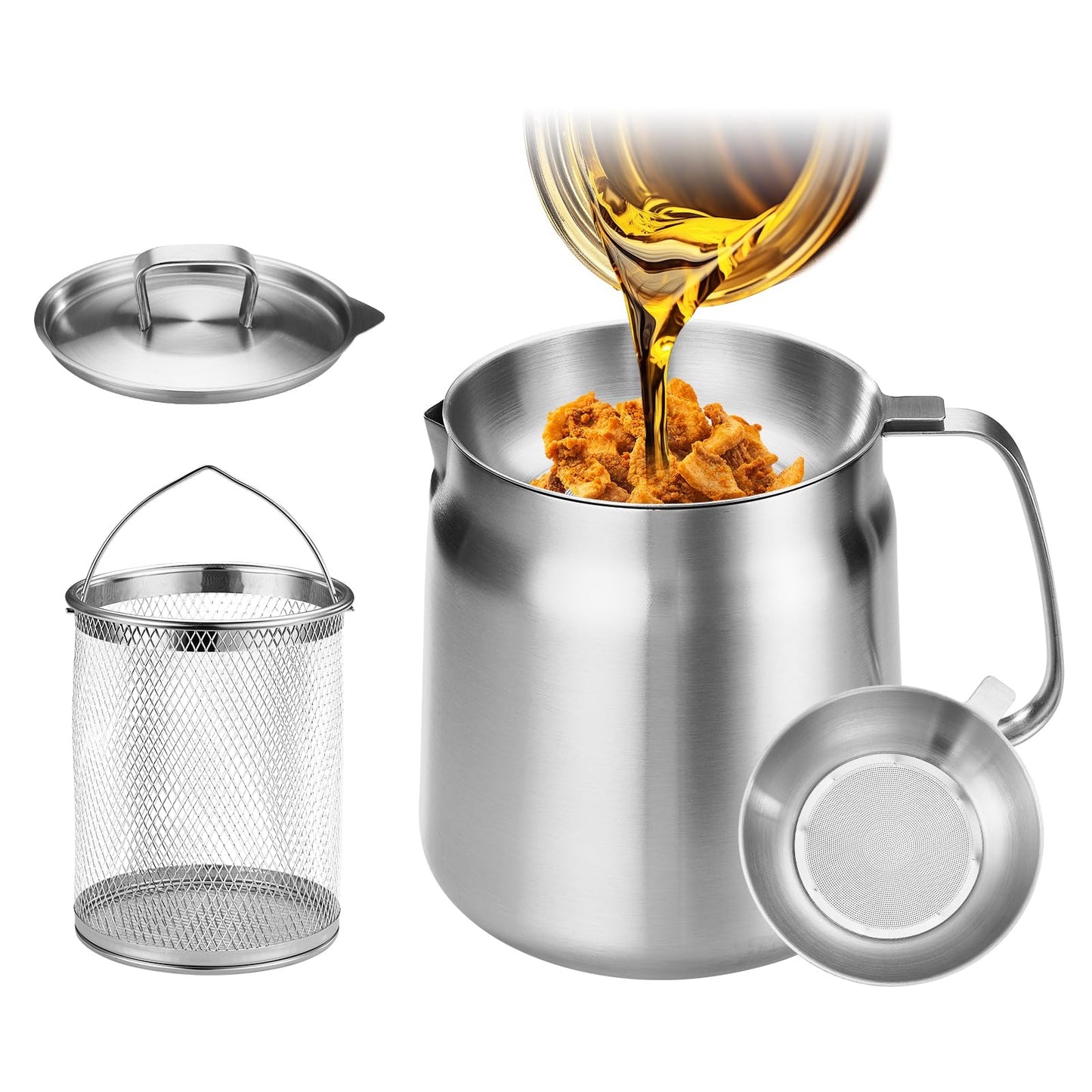 119oz 304 Stainless Steel Deep Fryer Pot with Basket & Strainer, Large Capacity Bacon Grease Container for Kitchen,Frying, Cooking, Camping,Oil Filter Container - Dishwasher Safe (119oz/3.5L/3.7Qt)