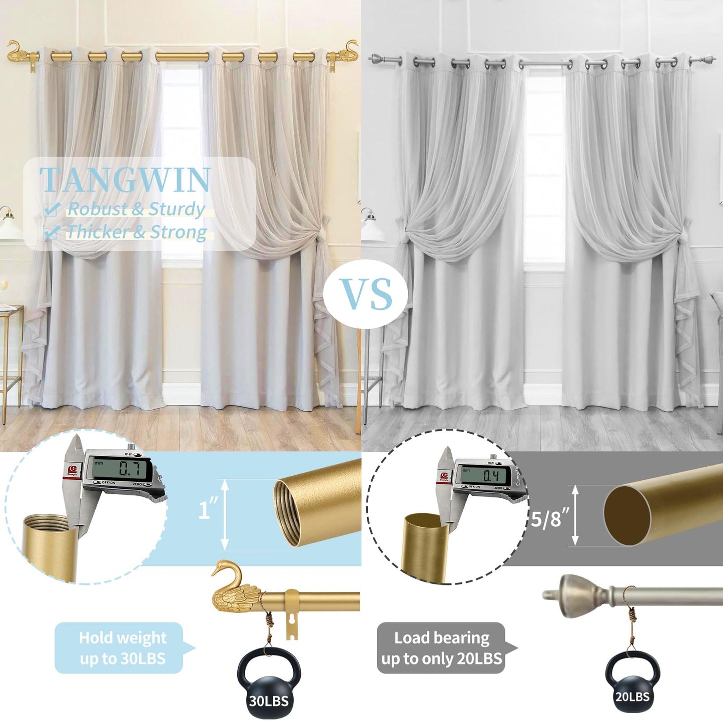 TANGWIN 2 Pack Gold Curtain Rods 48 to 84 Inch,1 Inch Heavy Duty Curtain Rods with Brackets,Adjustable Curtain Rod Set,Decorative Swan Finials Drapery Pole,Single Rod for Bedroom 36-88",Brass Gold