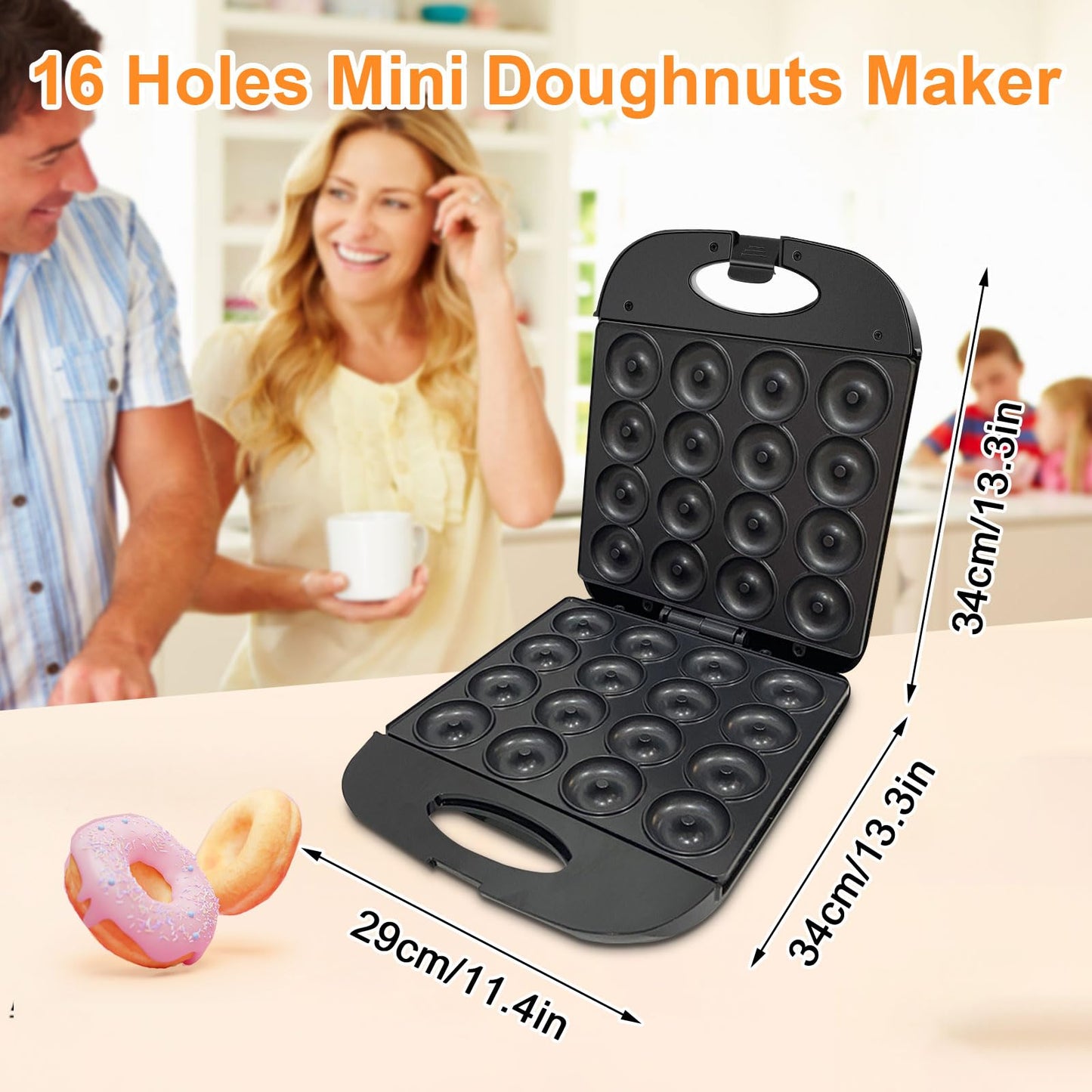 2026 Mini Donut Maker Machine for Home, Kid-Friendly 16-Hole Electric Doughnut and Pancake Maker with Non-Stick Surface, Ideal for Homemade Doughnuts (Black with Mini Oven Gloves & Brush)