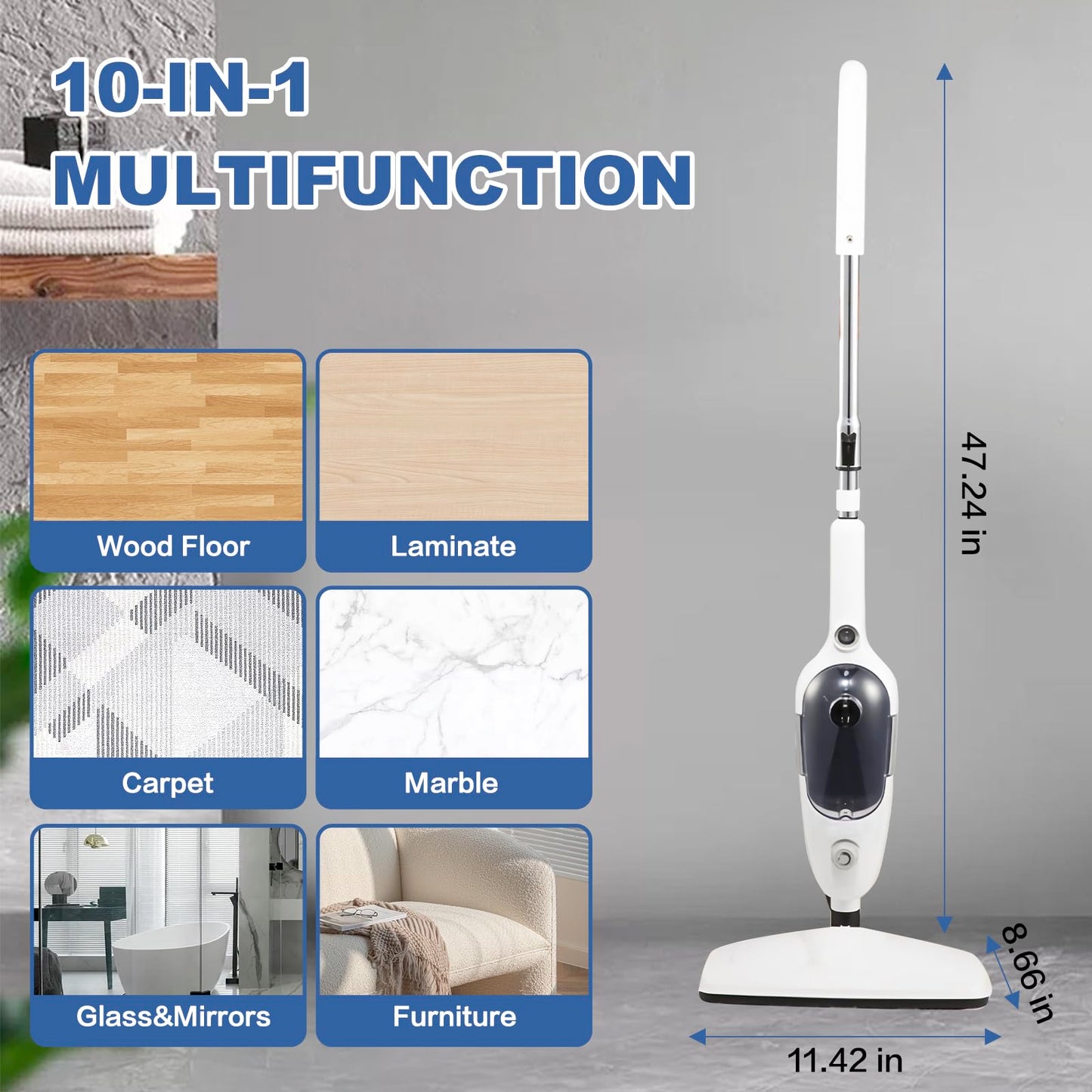 Steam Mop Cleaner 10-in-1 with Convenient Detachable Handheld Unit, Laminate/Hardwood/Tiles/Carpet Kitchen - Garment - Clothes - Pet Friendly Steamer Whole House Multipurpose Use