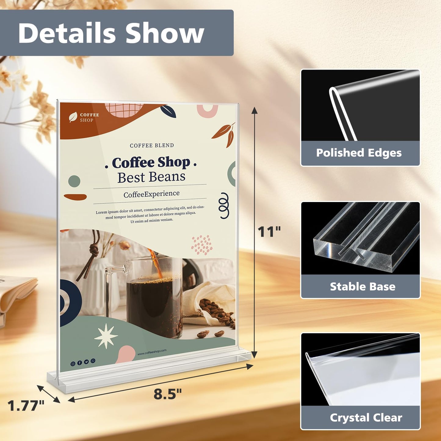 Comix Acrylic Sign Holder 8.5x11 Inches, 12 Pack Double Sided Clear Display Stand Plastic Table Top Paper Stand, Vertical Menu Flyer Holder for Restaurants, Store, Office