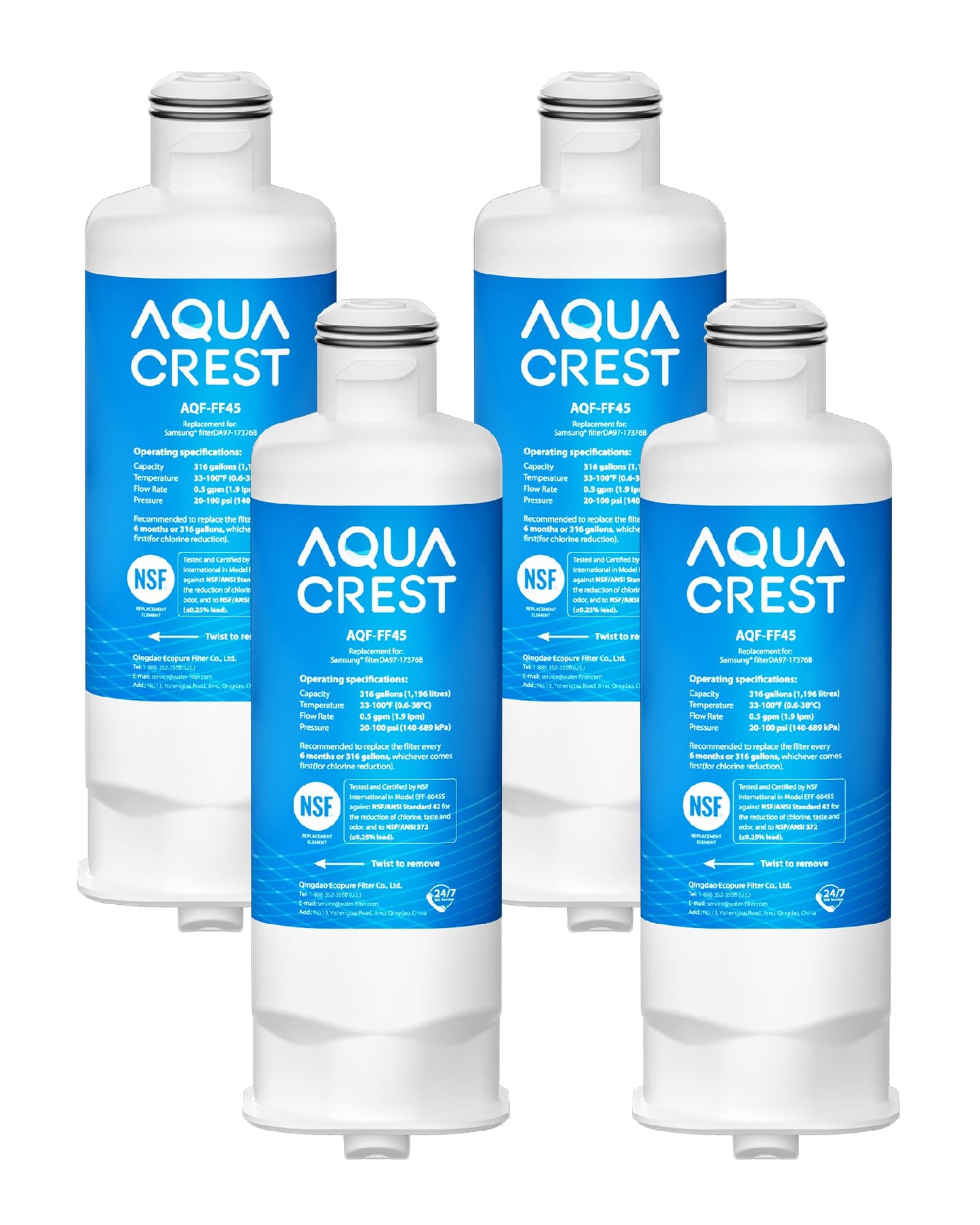 AQUA CREST AQF-FF45 Replacement for Samsung® DA97-17376B, DA97-08006C, HAF-QIN/EXP, RS27T5200SR, RF28T5001SR, RF24R7201SR, RF28R6201SR, Refrigerator Water Filter, 4 Pack