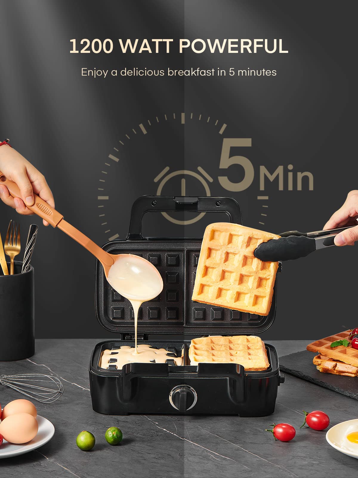 FOHERE 3-in-1 Sandwich Maker, 1200W Waffle Maker & Panini Press Grill, 3 Removable Non-stick Plates, 5-Gear Temp Control, Grilled Cheese Maker, Quick Breakfast, LED Indicators, Stainless Steel/Black