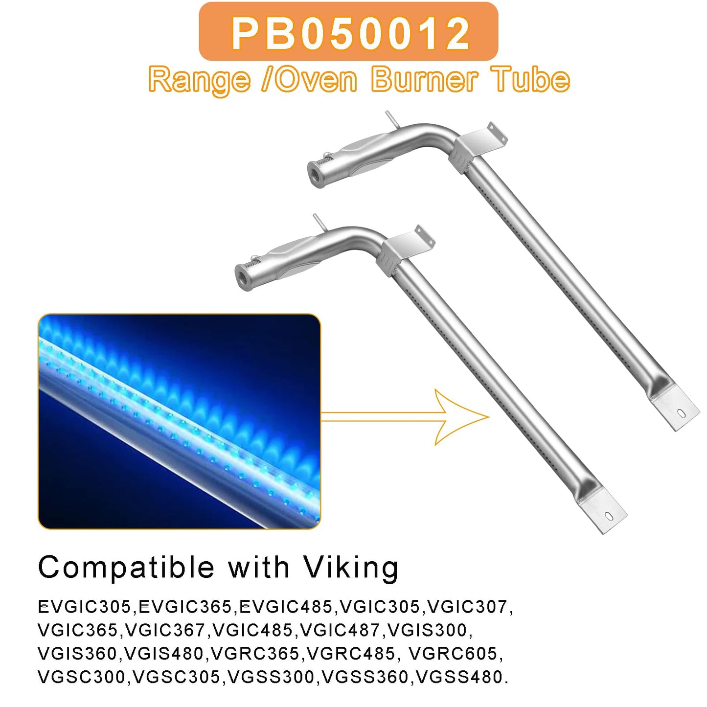 Zemibi PB050012 Viking Appliance Oven Burner, Stainless Steel Burner Tube Gas Replacement for EVGIC305 VGIC365 VGRC605 VGSS480 VGIC367 VGSC300 VGSC305 VGSS300 Viking Range Parts, 2-Pack, 17 Inch