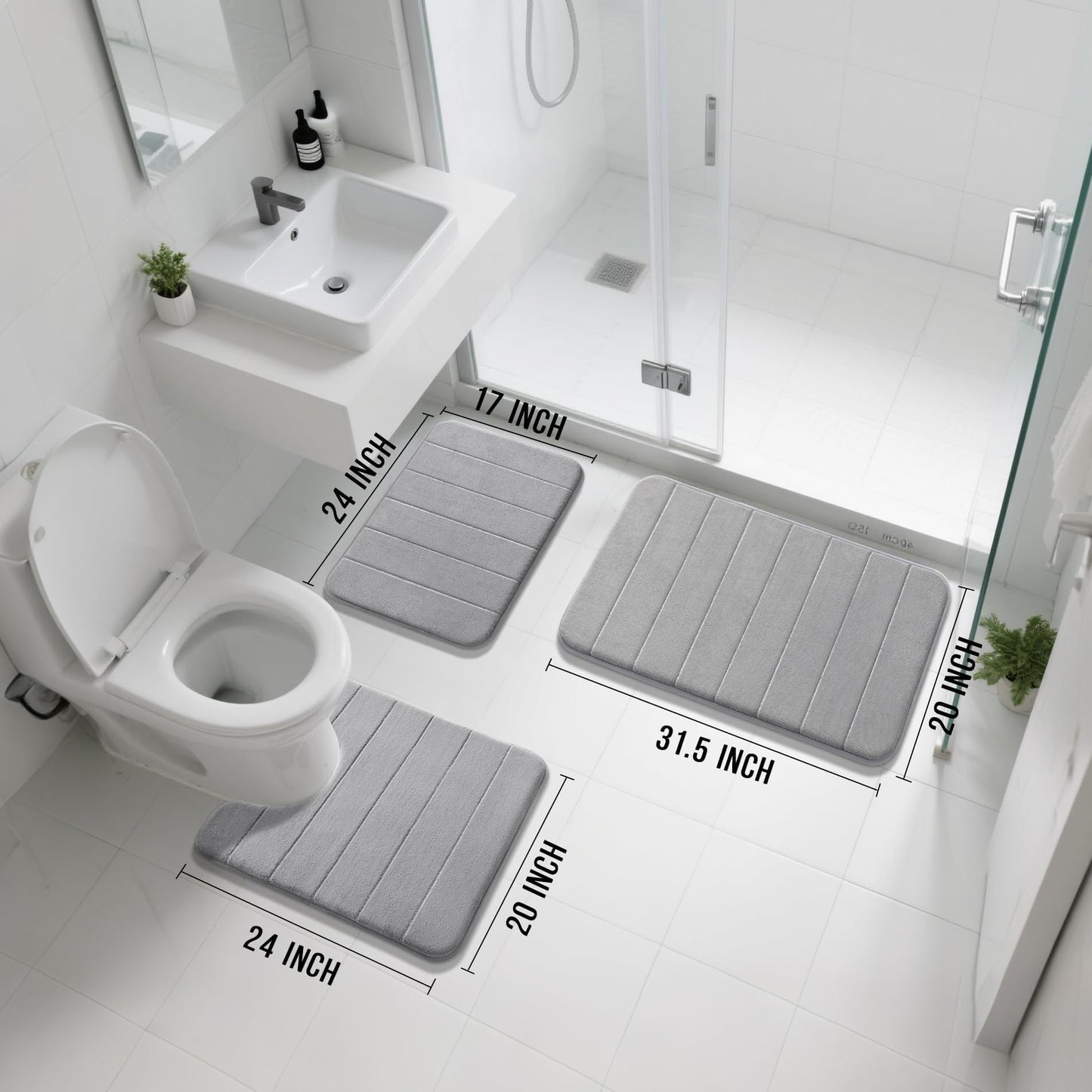 Yimobra Memory Foam Bath Mat Set 3 Pieces- Super Soft Absorbent Quick Dry Bathroom Rug Sets, Machine Washable Non Slip Floor Carpet for Tub Shower, Vanity & Toilet Base, Gray