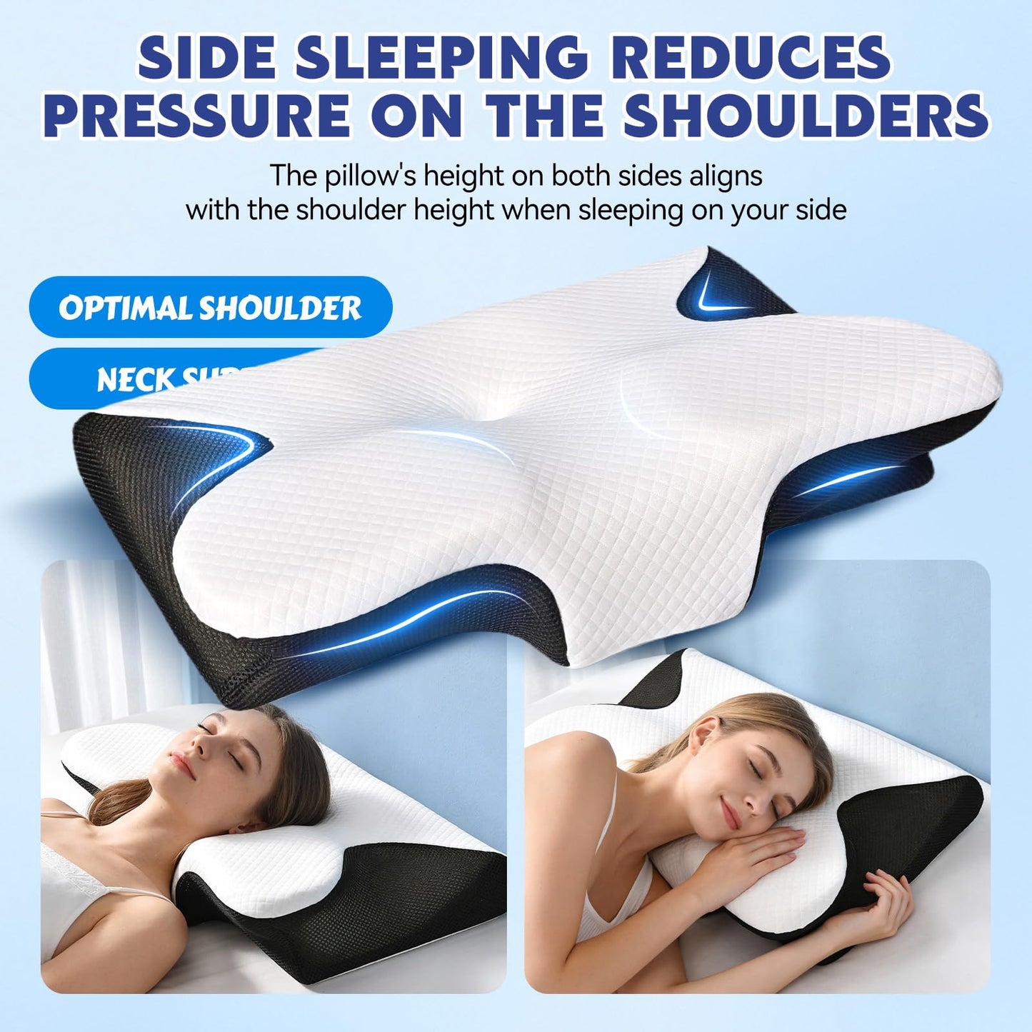 Keaolotay Cervical Neck Pillow for Sleeping Ergonomic Sleep Apnea Pillow with Memory Foam Neck Support Pillow for Back Side Stomach Sleepers with Pillowcase (Black)
