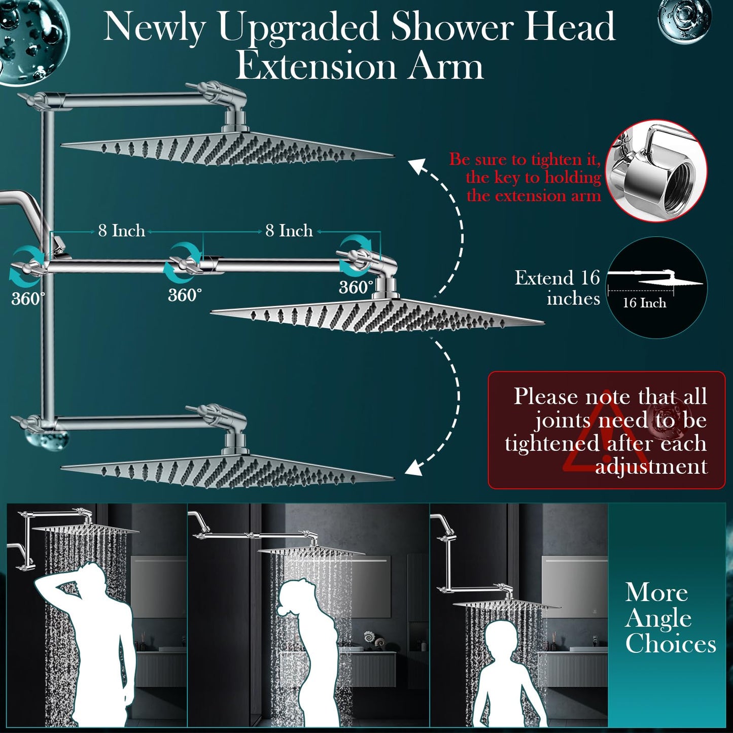 12'' Rain Shower Head Combo, High Pressure Rainfall Shower Head with 16'' Flexible Adjustment of Height/Angle Upgraded Extension Arm and 5 Setting Spray Handheld Shower Head, Anti-leak (Chrome)