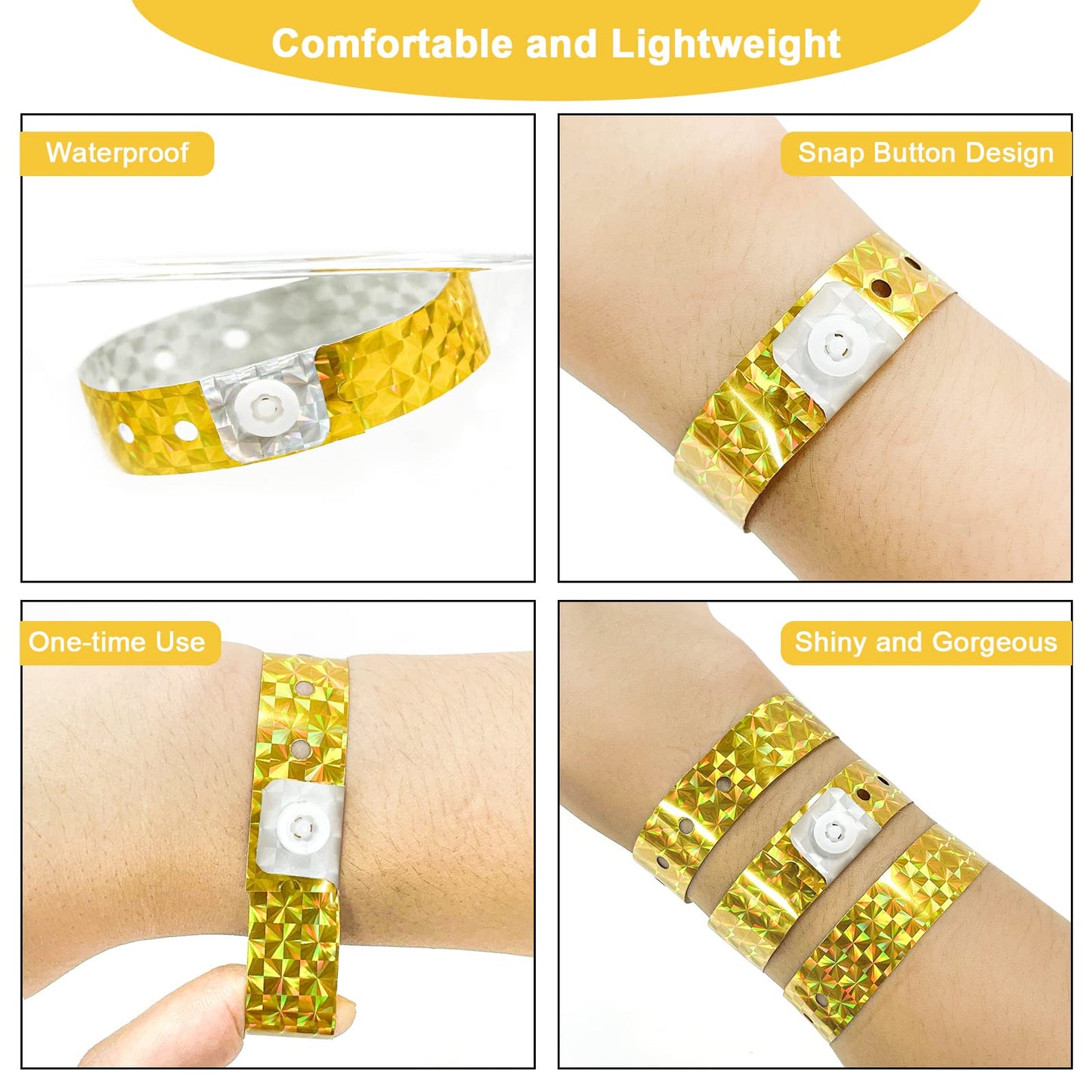 OUCHAN Holographic Plastic Party Wristbands Gold - 500 Pack Vinyl Wristbands for Events Club Music Meeting