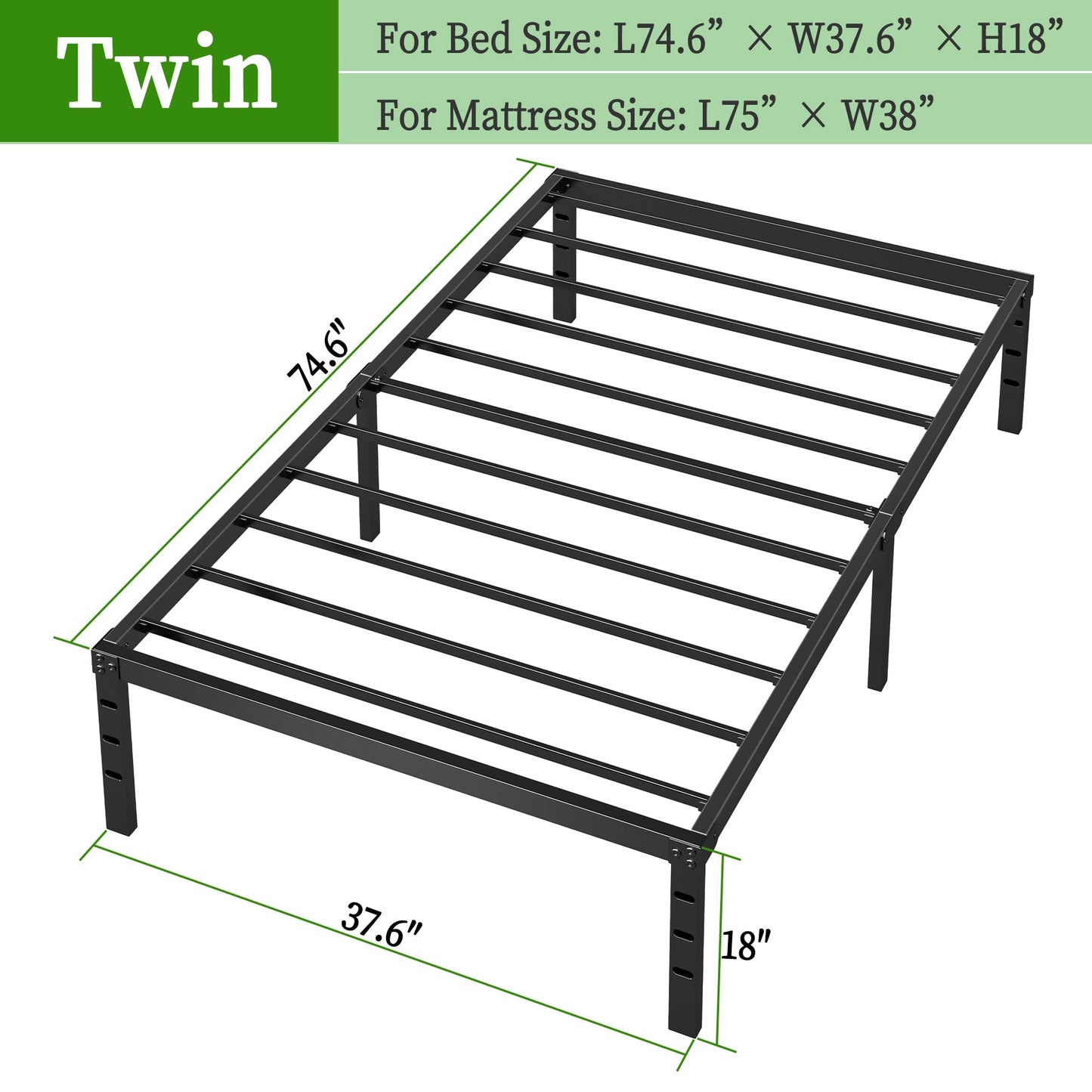 Chroark Metal Platform Bed Frame Twin Size, 18 Inch Height with Heavy Duty Steel Support, No Box Spring Needed, Easy Assembly and Underbed Storage,Black