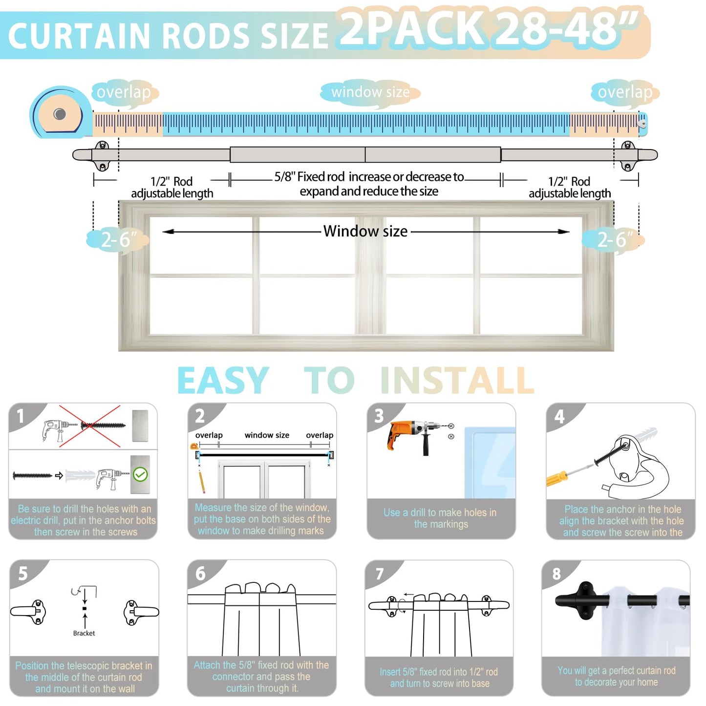 TVWOO 2 Pack Wrap Around Curtain Rods, 28 to 48 Inch, 5/8 Inch Adjustable Blackout Curtain Rod Set, Room Darkening Window Rod, Metal Thicken Hidden Curved Drapery Rod, Matte Black