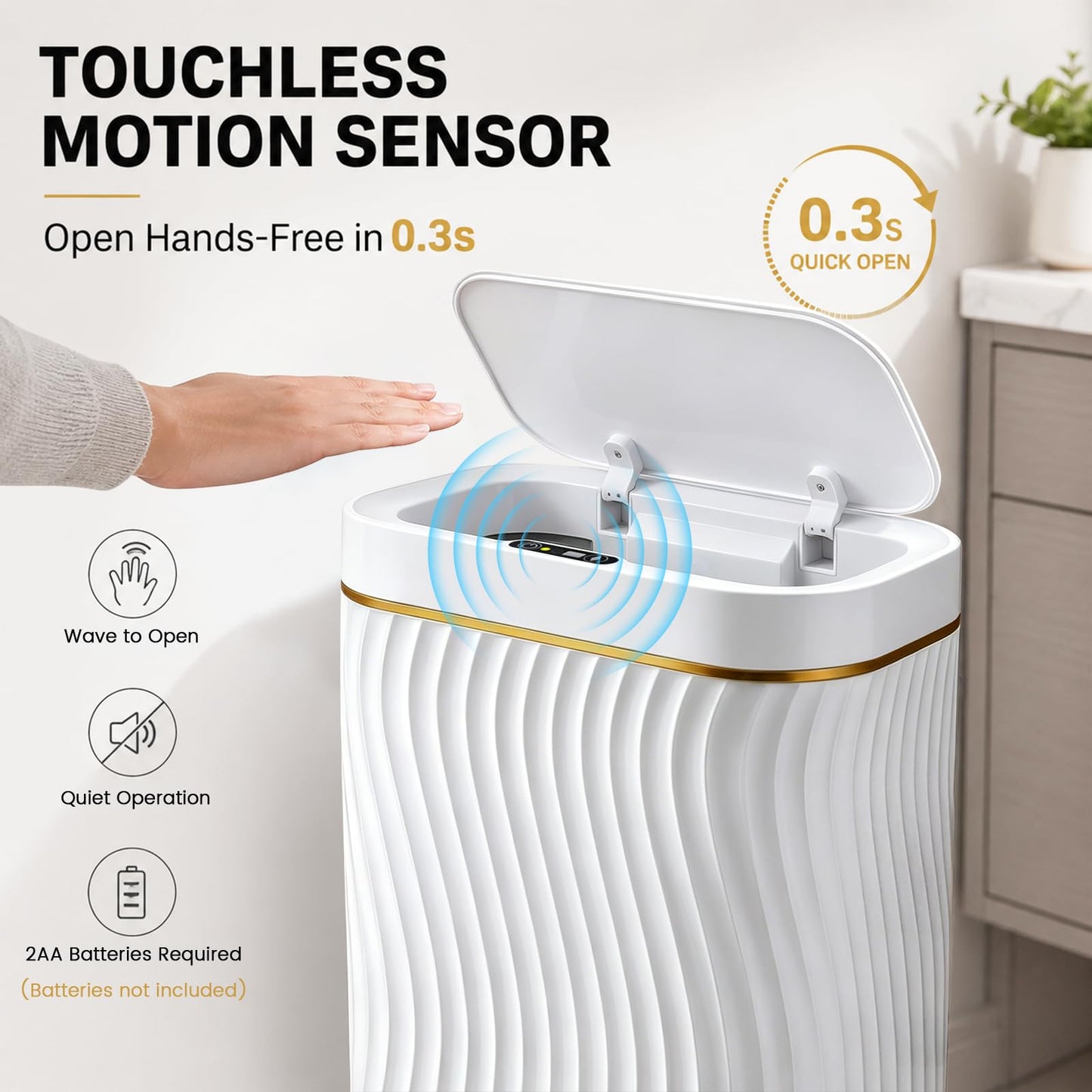 Bathroom Small Trash Can with Automatic Touchless Lid, 2.6 Gallon Smart Garbage Can Narrow Waterproof Trash Bin for Bedroom, Office, Living Room