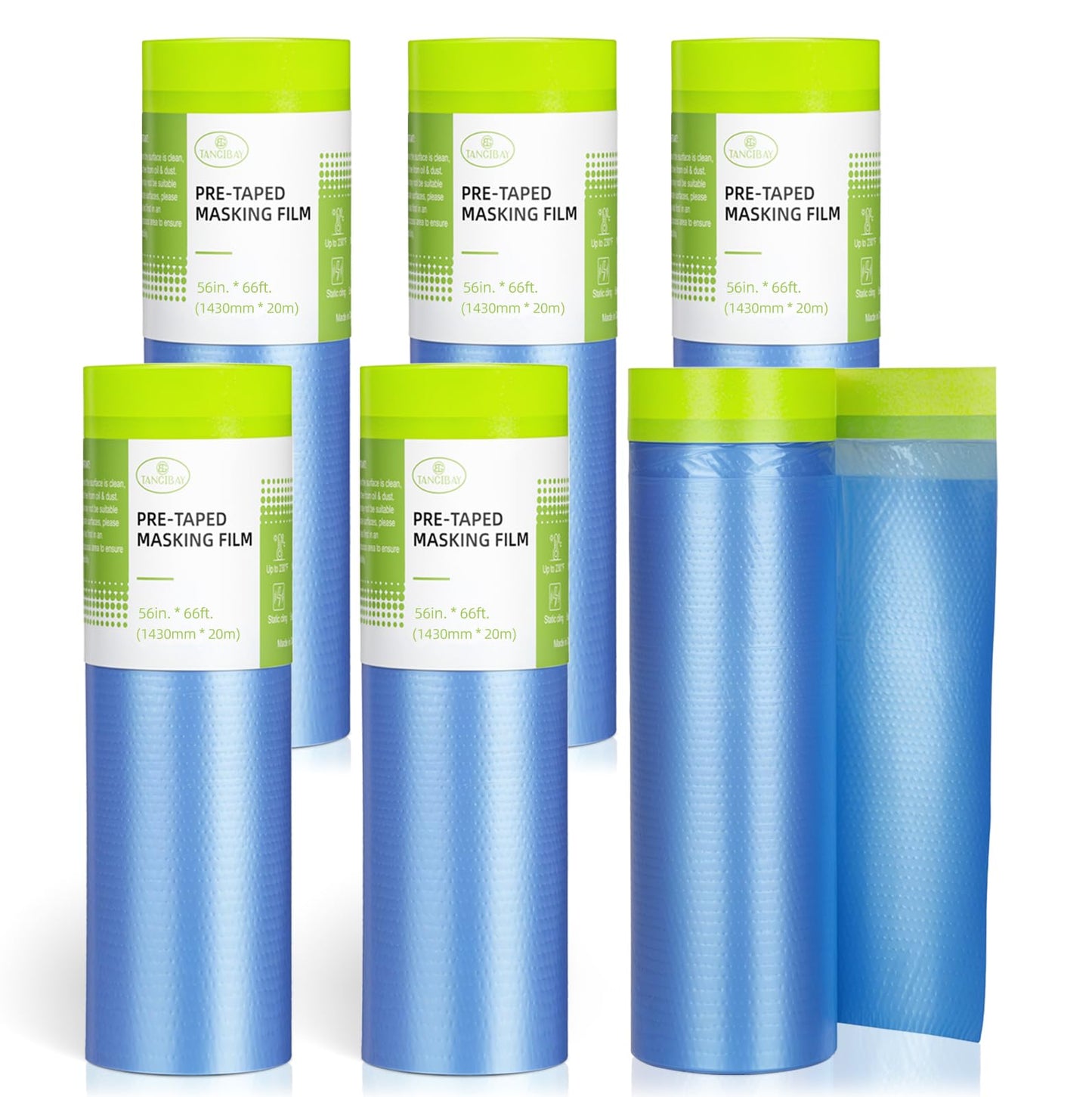 Tangibay Pre-Taped Masking Film for Painting - 56" x 66' Painters Plastic Sheeting for House & Automotive Paint, Tape and Drape for Covering Cars, Walls, Windows and Furniture Protection (6 Rolls)