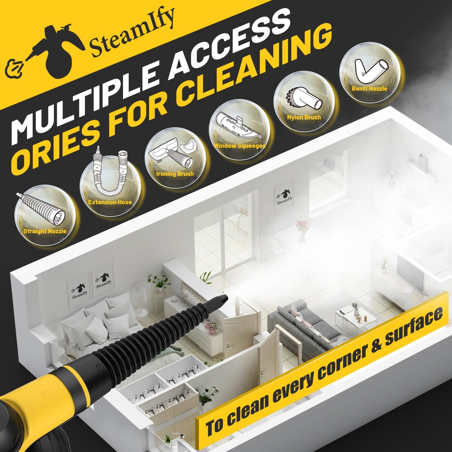 Pressurized Handheld Steam Cleaner with 10pcs Accessories & Safety Lock, Multi-Purpose & Powerful Home Use Steamer for Cleaning, Car, Bathroom, Shower, Upholstery, Grout, Window