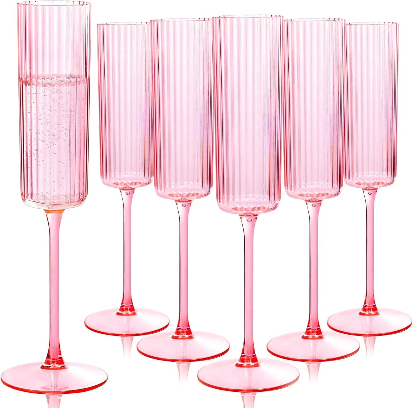 Joyido 36 Pack Pink Plastic Champagne Flutes - 6oz Ribbed Disposable Champagne Glasses - Clear Pink Vintage Mimosa Glasses with Long Stem Elegant & Lightweight for Wedding Party