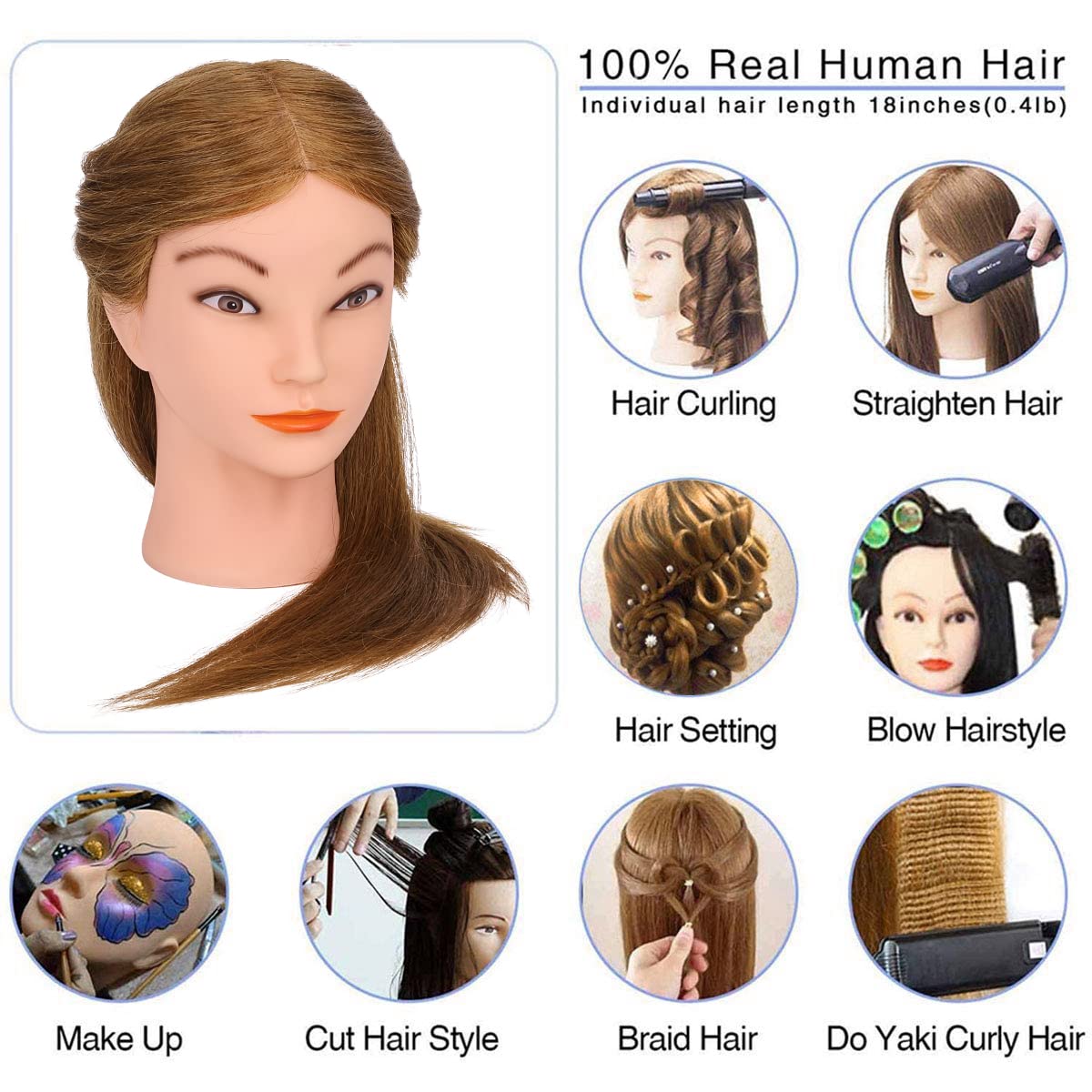Mannequin Head with 100% Real Hair, TopDirect 18" Brown Real Hair Cosmetology Manikin Head Hairs Styling Hairdressing Practice Training Doll Heads with Clamp Holder and Tools