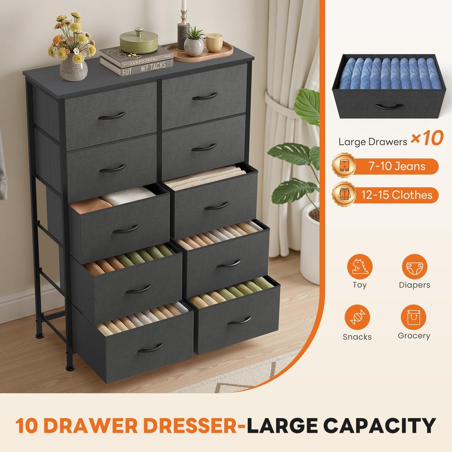 Sweetcrispy 10 Drawer Dresser, Tall Fabric Dresser for Bedroom, Storage Tower with Bins Chest Organizer Unit for Closet, Hallway, Steel Frame Wood Top, Easy Pull Handle, Grey