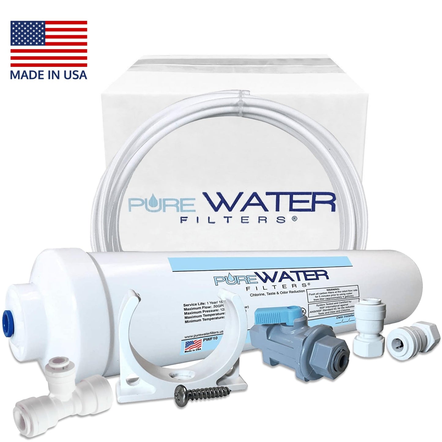 PureWater Filters Inline Water Filter Kit for Ice Maker with 1/4-Inch Direct Quick-Connect Fittings, Tubing and a T-Connector
