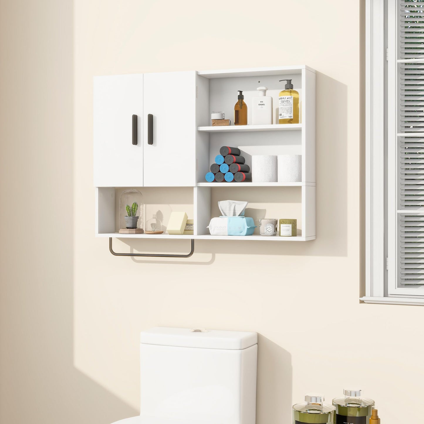Vavkorkula Medicine Cabinet, Wooden Bathroom Wall Cabinet with 2 Doors, Adjustable Shelves & Towel Bar, Over Toilet Storage Cabinet Wall Mounted for Kitchen & Laundry, White