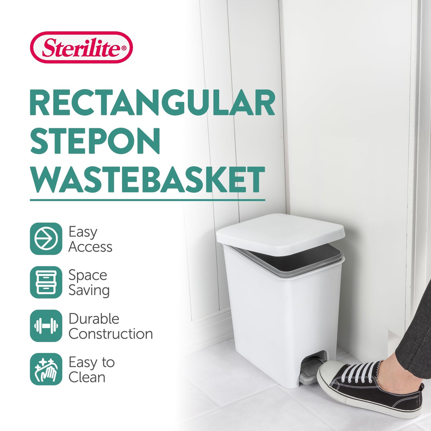 Sterilite 2.7 Gallon Rectangular StepOn Wastebasket, Small, White lid and base with Titanium pedal and Liner