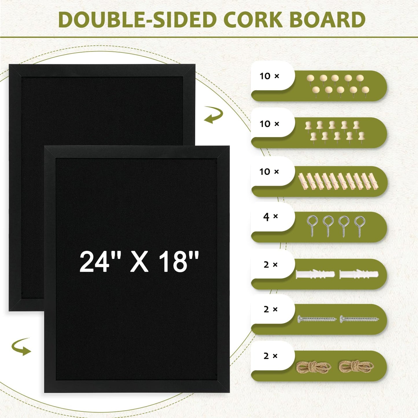 AMUSIGHT Double-Sided Black Cork Board with Linen, 24" x 18" Hanging Wood Framed Large Bulletin Board, Picture Display Vision Board Kit Corkboards for Wall Room School Office Decor, 20 Pushpins