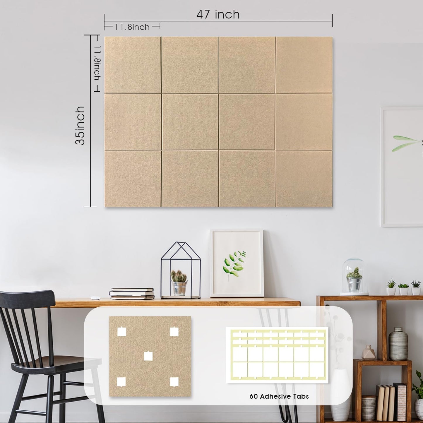Large Cork Board for Office Wall Decor, 48"x36"- 12 Pack Felt Wall Tiles with Safe Removable Adhesive Tabs, 1/2" Thick, Felt Bulletin Board Pin Board Cork Boards for Walls - Tan