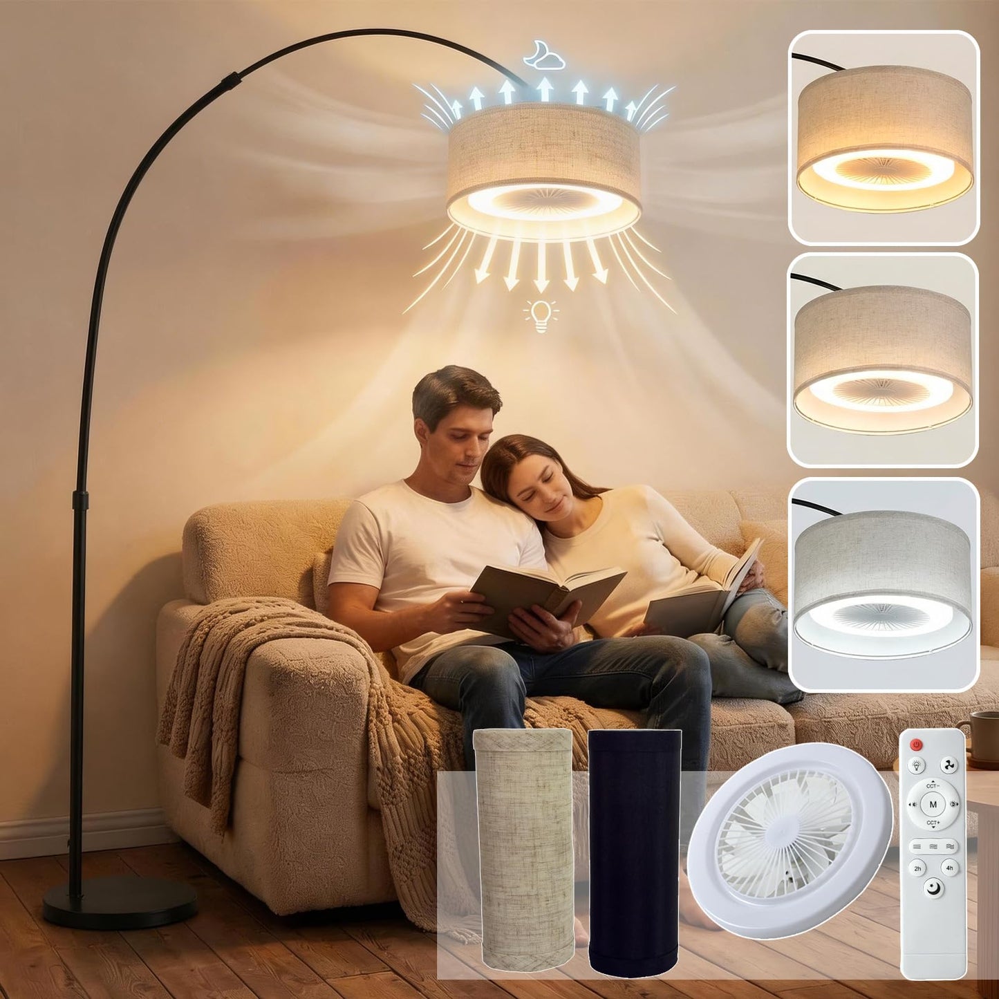 Brisluck Arc Floor Lamp with Fan Dimmable Standing Lamp with Remote 3 Color Temperatures Adjustable for Living Room Bedroom Bright Reading Lamp with Marble Base