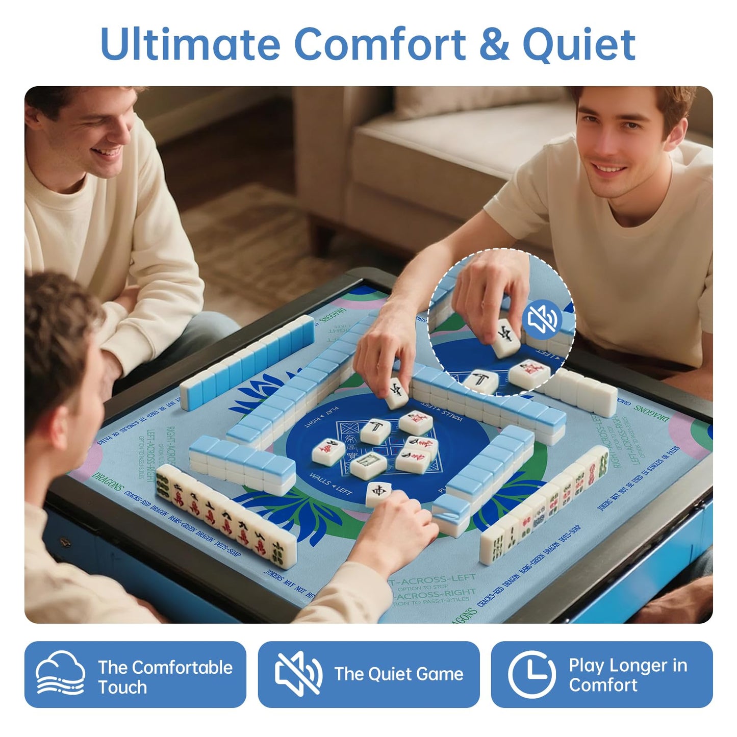 Mahjong Mat with Tech Velvet, Machine Washable, Noise Reduction,Anti Slip, and Crease-Free, Soft Touch, Game Rule, with Carrying Bag: 32.4 Inch Game Mat for Poker, Board, Tile, and Dominoes (L-Blue)