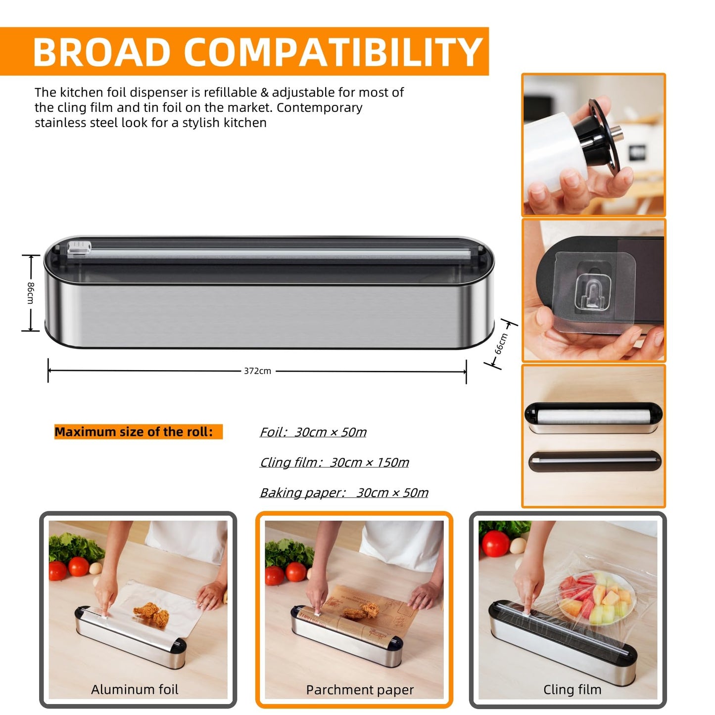 Quasziwa Aluminum Foil & Plastic Wrap Dispenser with Cutter - Magnetic & No-Drill Wall Mount, Stainless Steel Design, Space-Saving Kitchen organizer for Countertops & Cabinets - Fits 12" Rolls, Silver