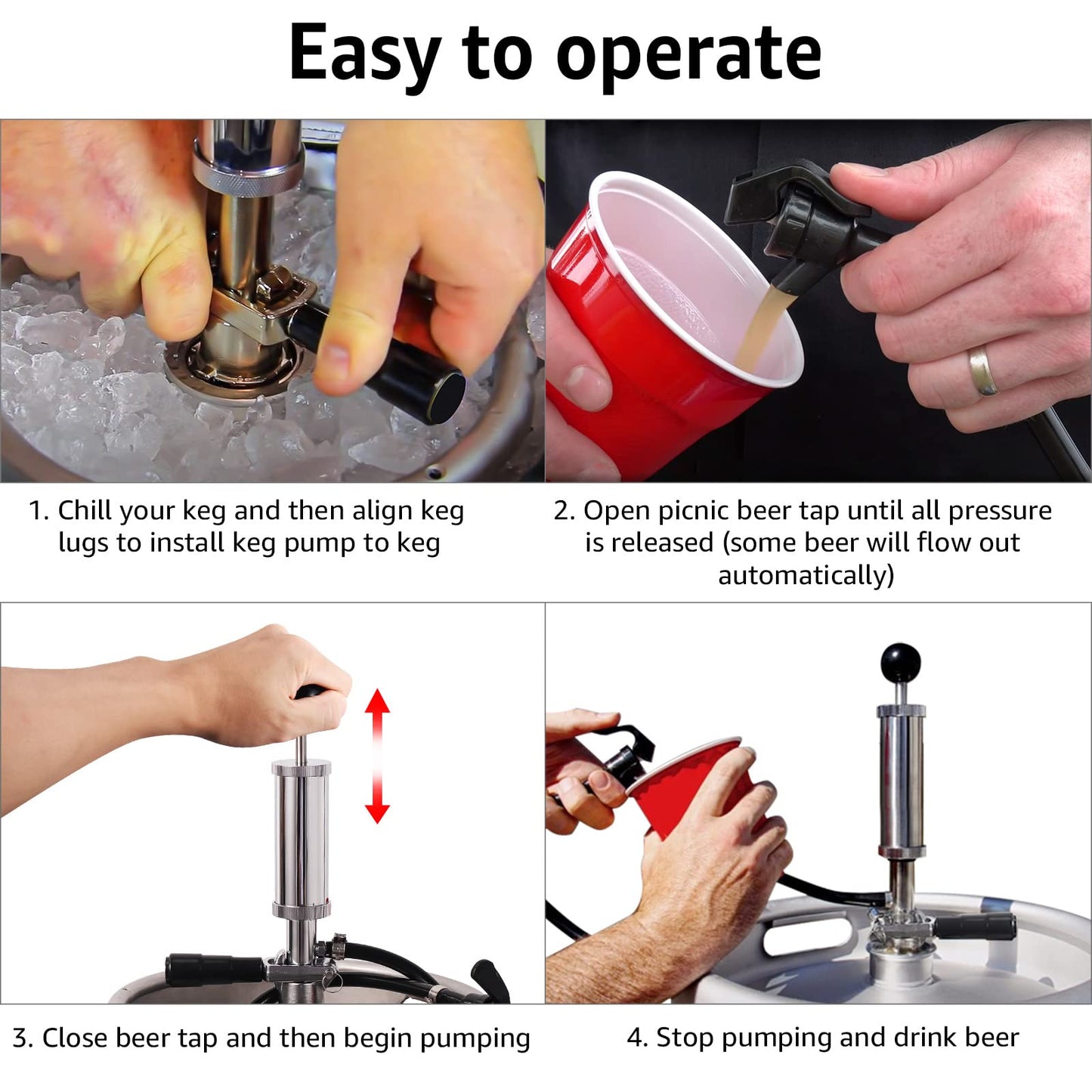 MRbrew Keg Party Pump, American D System Beer Keg Tap Keg Hand Pump 4'' Picnic Pump with Beer Faucet & Beer Hose, Chrome-Plated Keg Draft Beer Party Pump with 2 Hose Clamps Kegerator Pump for Homebrew