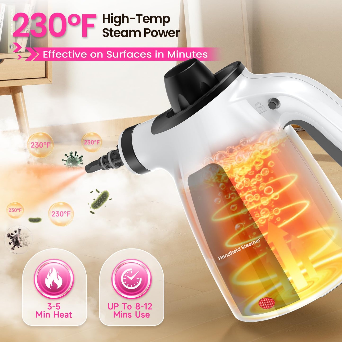 Steam Cleaner, Pressurized Handheld Multi-Surface Natural Deep Cleaning Steamer, 11pcs Accessory & Safety Lock, Portable Steamer for Cleaning Home, Kitchen, Bathroom, Car, Upholstery, Grout, Window