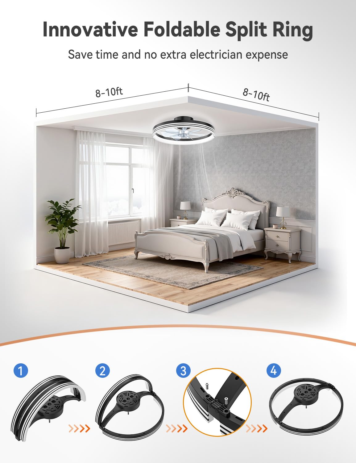 AKOFUN Modern Bladeless Ceiling Fans with Lights, Small Fandelier Bedroom Ceiling Fan - Low Profile LED Fan Light with Remote APP, Flush Mount, Dimmable, DC Motor, 6 Speeds, Timer (18 inch, Black)