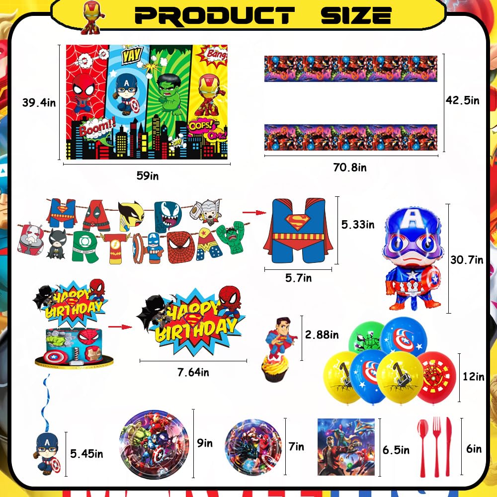 Avenger Theme Birthday Party Supplies Decorations, Including Birthday Banner, Tablecloth, Backdrop, Hanging Swirls, Balloons, Cake Toppers, Plates, Forks, Spoons for Cool Party