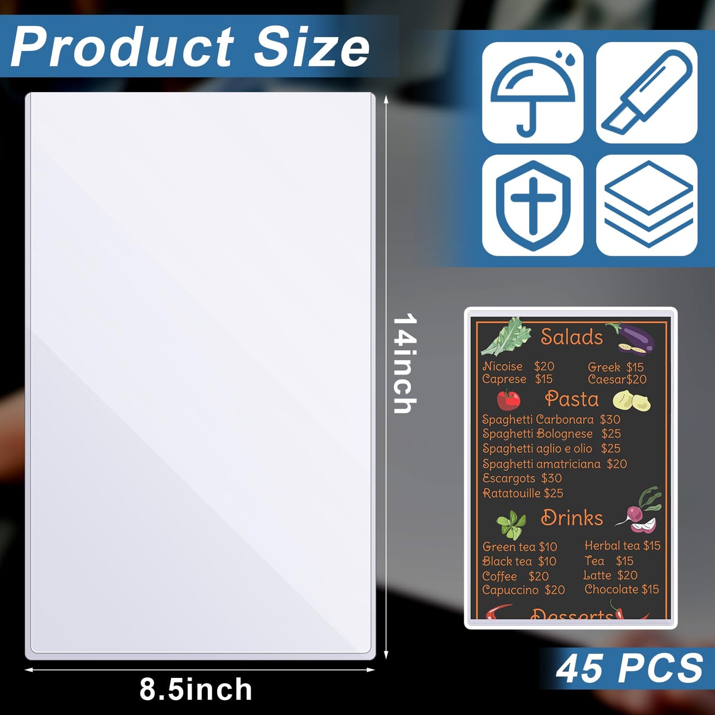 Henoyso 45 Pcs 8.5" x 14" Clear Plastic Menu Sleeves Covers Legal Size for Restaurant Menu Protector, 8.5" x 14" Rigid Print Protectors, Clear Hard Plastic Protective Sleeves Covers