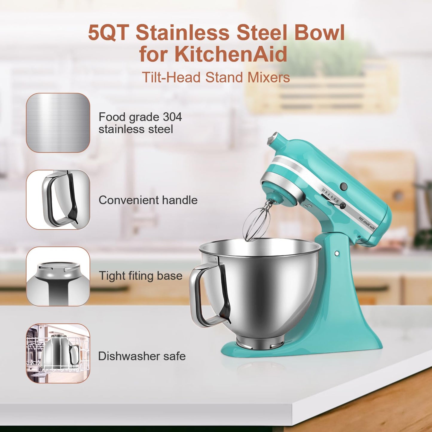 5 Quart Stainless Steel Mixer Bowl Compatible with KitchenAid 4.5 & 5 QT Tilt-Head Stand Mixers, Durable KitchenAid Replacement Bowl, Mixer Accessories for Baking & Cooking