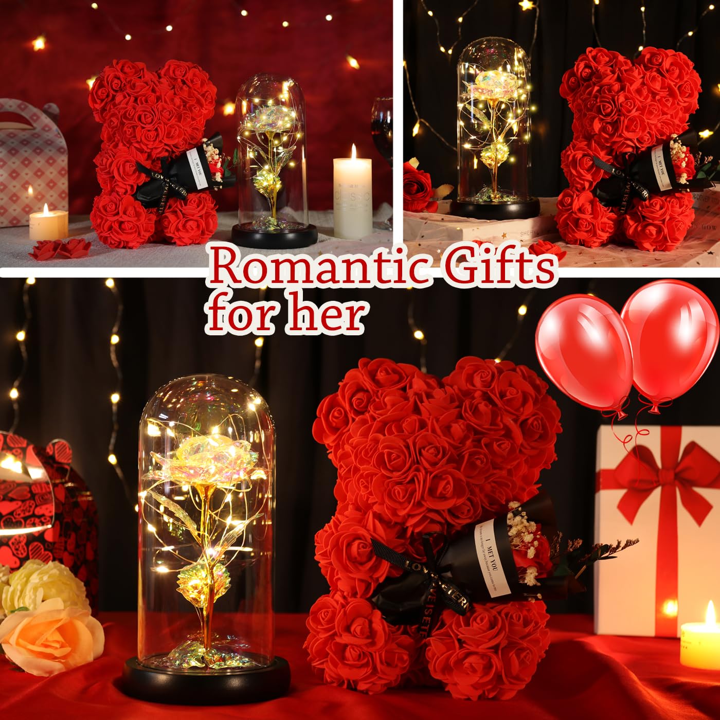 Mothers Day Rose Gifts for Mom Women Wife Girlfriend, Rose Bear & Beauty and the Beast-Inspired Rainbow Light-Up Roses Gift Set – Perfect for Valentine’s, Birthday Mother’s Day and Anniversary