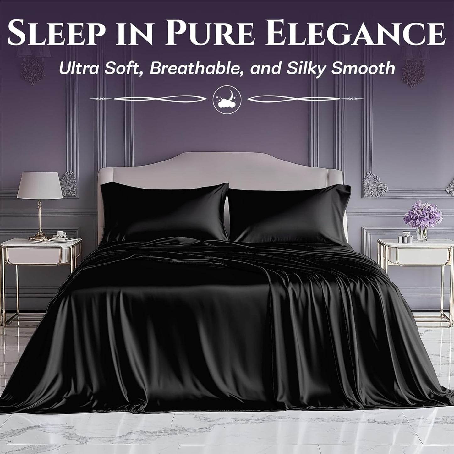 SLEEP SANCTUARY Satin Sheets Queen Size – 4 Piece Luxury Silky Bed Set, Softer Than Silk, 15" Deep Pocket, Cooling & Wrinkle-Free, Moisture-Wicking & Breathable for Hair & Skin (Black)
