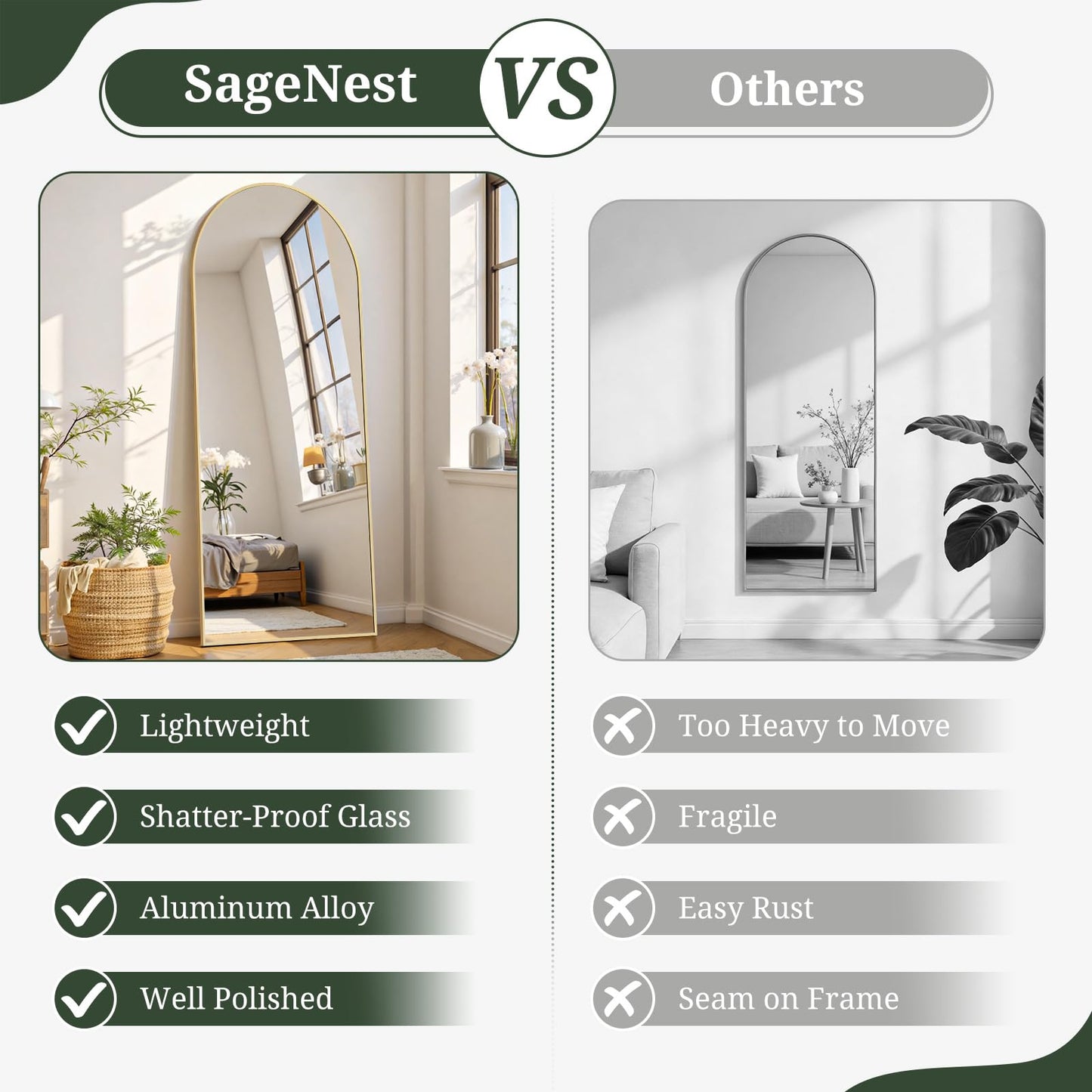 Mirror Full Length 64"x21" Full Body Floor Mirror with Stand, Shatterproof Glass, Aluminum Alloy Frame, Free Standing Wall Mounted or Leaning Arched Mirrors for Bedroom Living Room Entryway