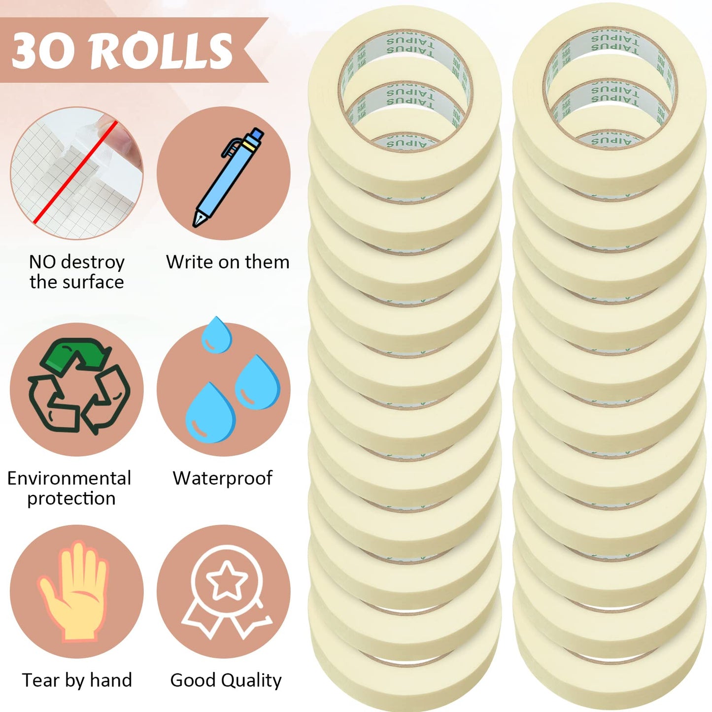 Fainne 30 Rolls Masking Tape Bulk 55 Yards General Purpose Tape for Classroom, Labeling, Crafts, Office, School Projects, Easy Tear & Clean Removal, Beige White (0.8 Inch)
